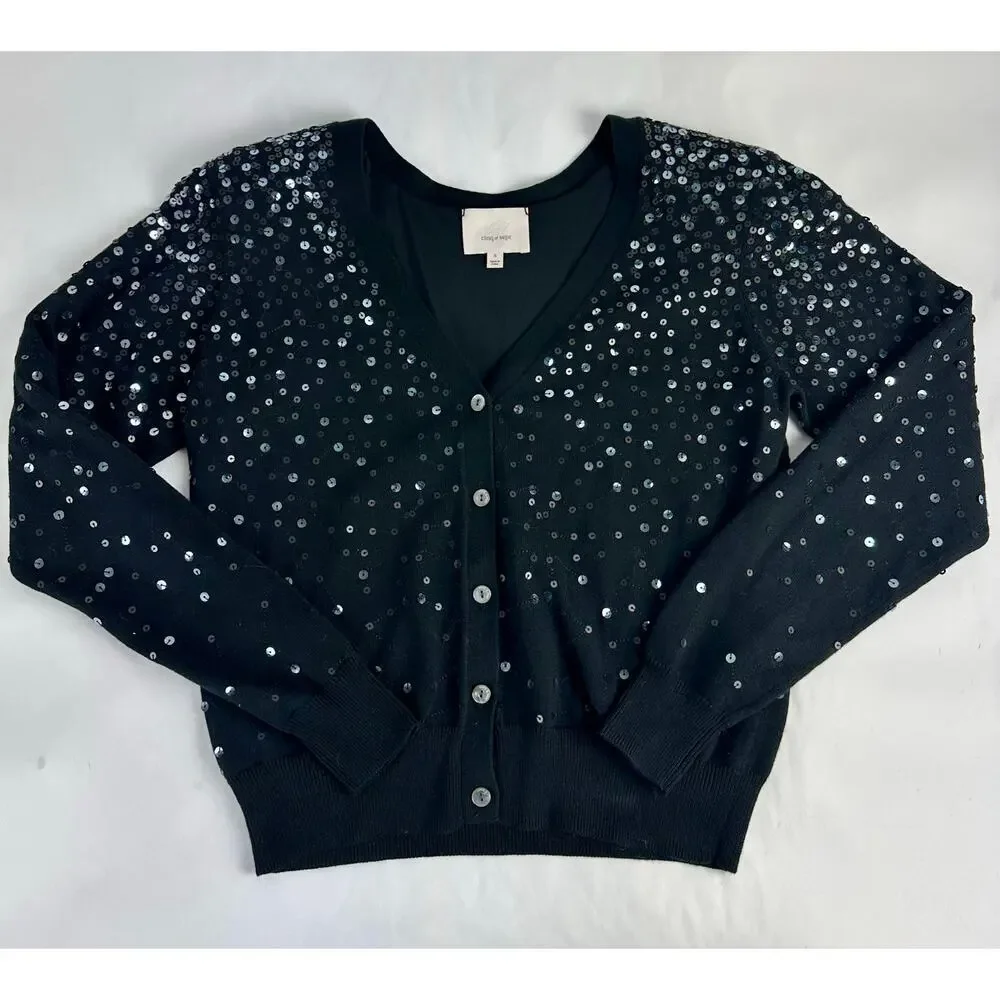 Cinq a Sept Nancy Sequin Cropped Cardigan Sweater Black Party Luxury Glam Small - Picture 2 of 9